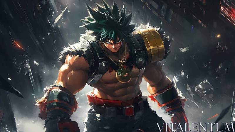 Battle-hardened cyber warrior amidst falling city ruins.