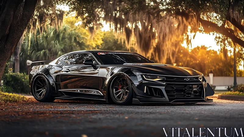 Widebody black Chevy muscle car at golden hour under oaks
