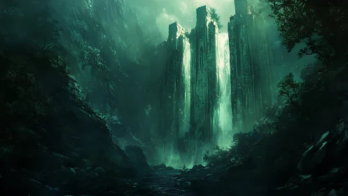 Monolithic cliff pillars channel luminous glacial waterfalls