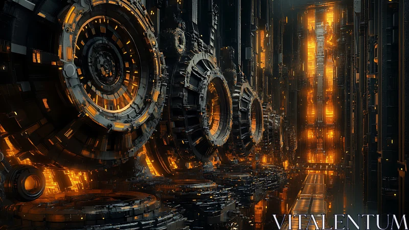 Massive rotating reactor rings illuminate dense industrial corridor