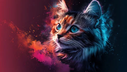 Mystical Cat with Glowing Eyes and Cosmic Aura.