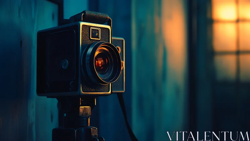 Vintage box camera on tripod in moody teal orange light