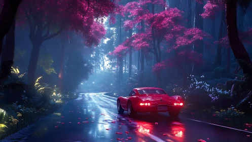Red sports coupe reflects neon foliage across wet forest roadway