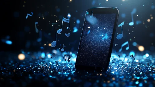 Smartphone emits glowing blue musical notes in bokeh field.
