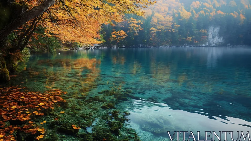 Clear turquoise lake reflects dense autumn forest along shore
