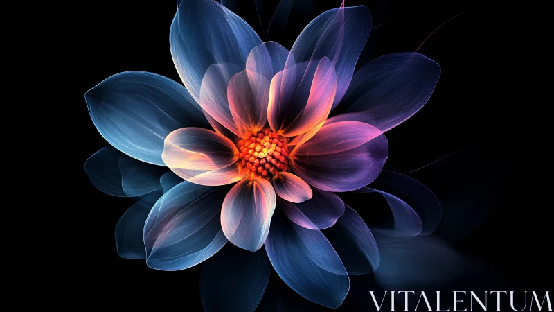 Luminous Algorithmic Flower with Radiant Orange Nucleus and Spectral Petals