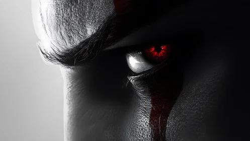 Red-eyed warrior close-up in stark monochrome profile.