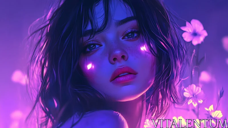 Female portrait in violet-blue neon floral illumination.