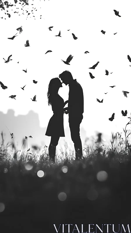 Silhouetted couple kissing in field with birds in flight.