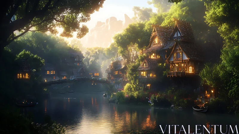 Sunlit riverside fantasy village glows with warm lantern light
