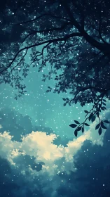 Night sky through leafy branches with glowing clouds.