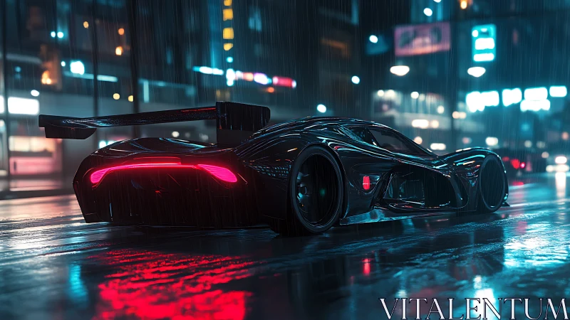 Neon storm racer idles in rain soaked cyber boulevard night.