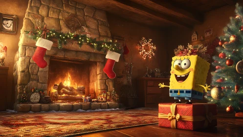 SpongeBob stands on wrapped gift in decorated Christmas room