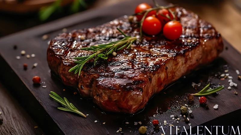 Flame-kissed steak throne crowned with bright cherry jewels.