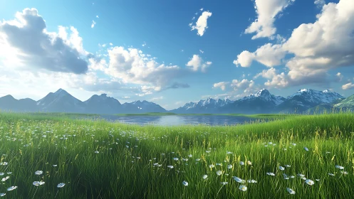 Wildflower meadows lean toward lake-mirrored mountain skies