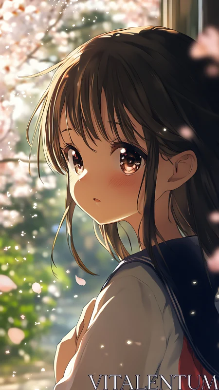 Schoolgirl under cherry blossoms in soft spring light.