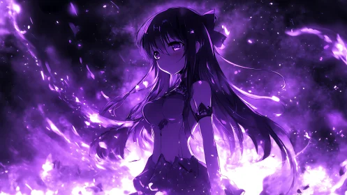 Anime girl in dark scene surrounded by violet energy.