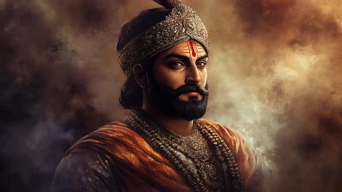 Regal warrior portrait with ornate crown, textiles and diffuse haze