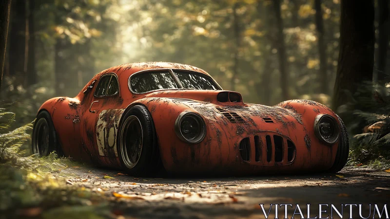 Weathered orange race car rests on forest track surface