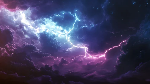 Celestial storm rips neon rivers through a cosmic night sky.