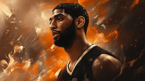 Digital portrait shows focused basketball player in fiery light