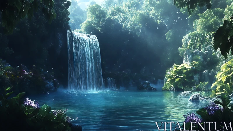 Luminous jungle waterfall over tranquil cyan lagoon at dawn.