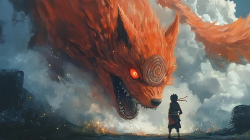 Fiery colossal fox spirit confronting lone ninja warrior.