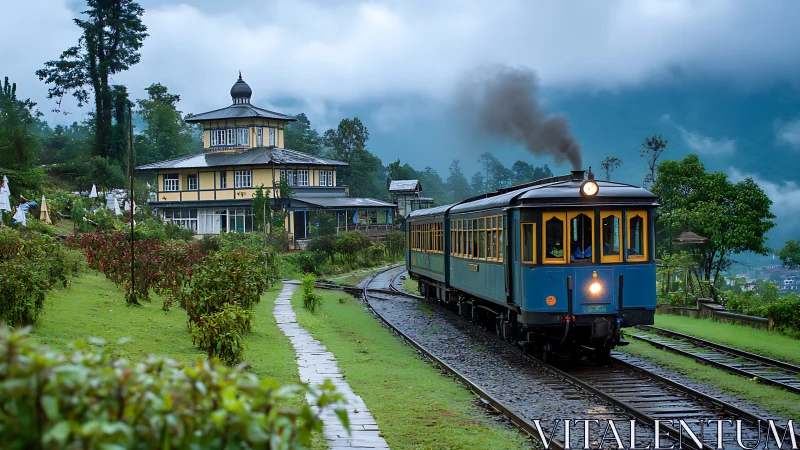 Vintage blue hill train rolls past misty tea country lodge