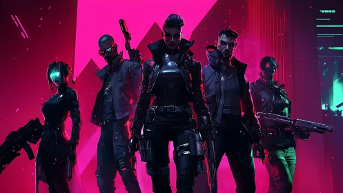 Cyberpunk strike team advances through neon city glare