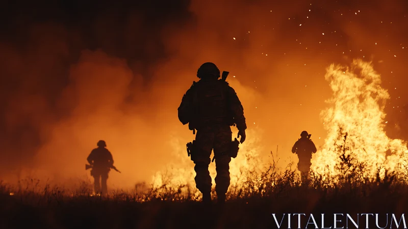 Soldiers advance through massive wildfire with raging flames.