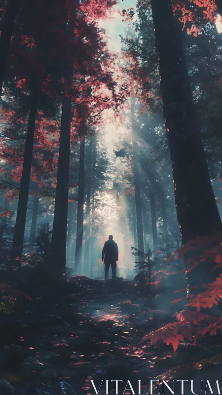 Solitary figure in autumn forest with light penetration