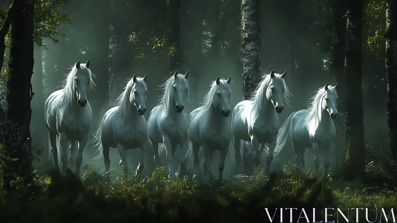 White horses advance through misty forest in cinematic light