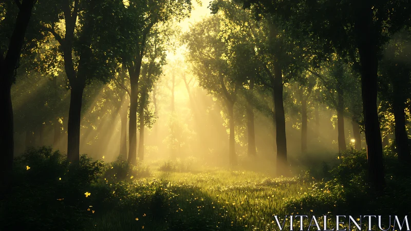 Golden Sunlight Filters Through Misty Forest Trees