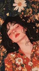 Woman with closed eyes lies in dense orange floral field