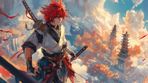 Red haired sky wanderer overlooking floating pagoda city.