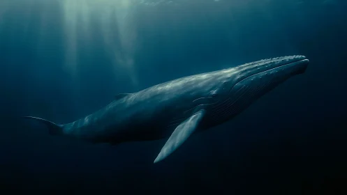 Majestic blue whale glides through deep ocean light beams