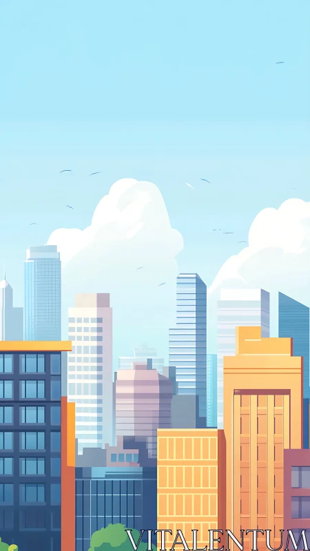 Sunlit geometric skyline renders layered modern city blocks