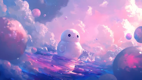 Cloudfaring robot drifts through neon bubble dawnscape.