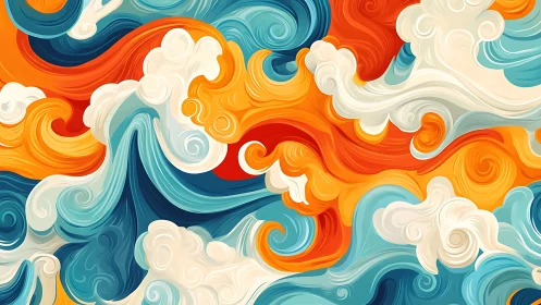 Swirling orange, blue, and cream abstract waves fill the frame