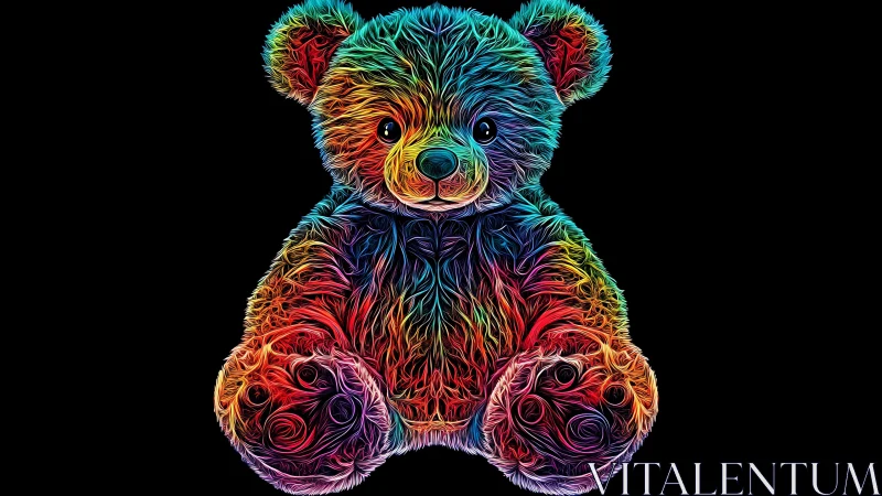 Neon cuddle bear swirling with electric rainbow fur glow.