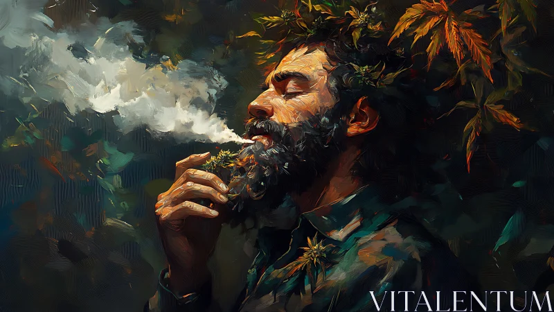 Bearded man smoking in foliage themed digital oil portrait.