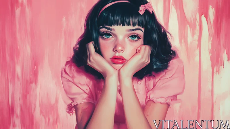 Melancholic girl in pink dress against dripping pink wall.