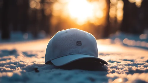 White baseball cap resting on snow in low winter sunlight.
