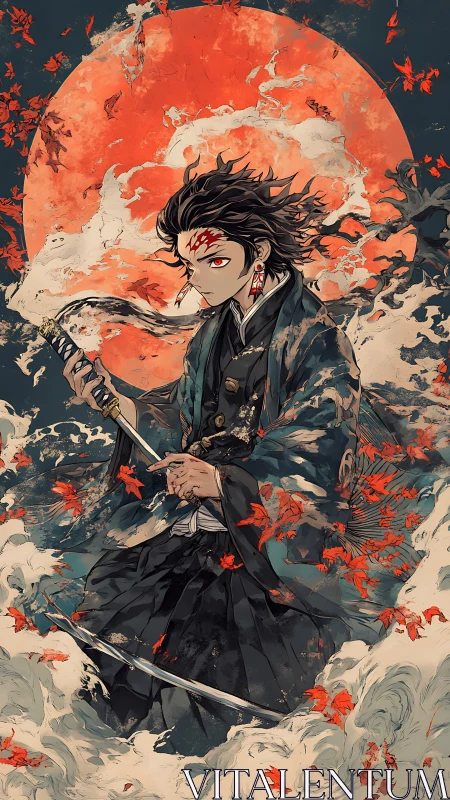 Scarlet moon bladesinger amid storm-tossed maple spirits.