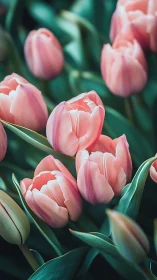 Pink tulips with layered petals bloom against deep teal foliage backdrop