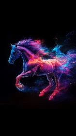 Neon stallion exploding in vibrant cosmic motion.