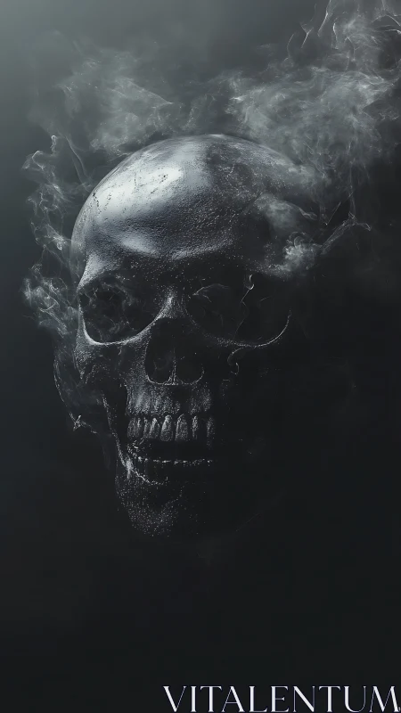 Dark metallic skull emerging through swirling smoke.