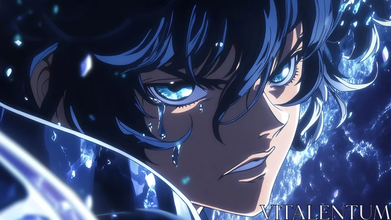 Intense anime warrior with glowing blue eyes and tears.