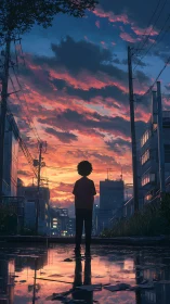 Solitary child watches a neon dusk sky over quiet city streets