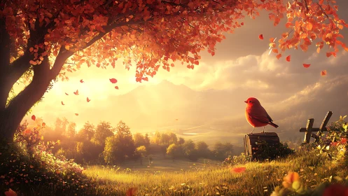 Radiant autumn hillside with red songbird in volumetric light.